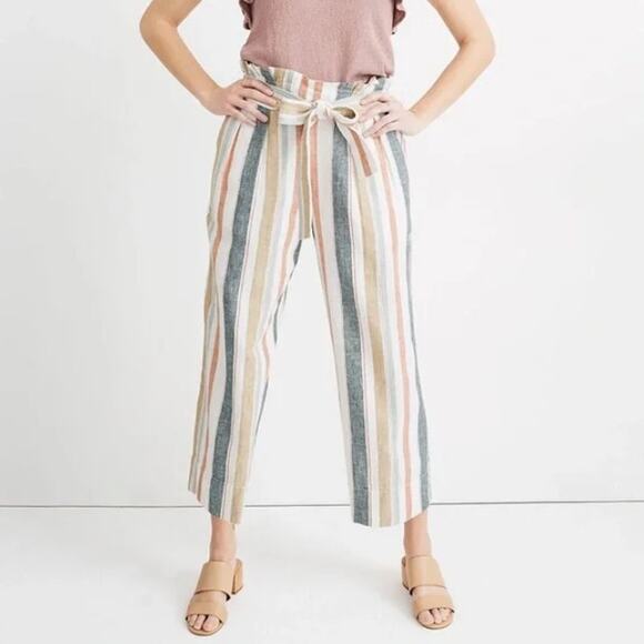 Madewell Linen Pants Paperbag Small Stripe Pull On Tie Front - Picture 1 of 6